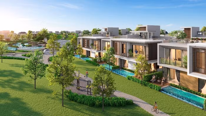 Không gian sống tại PGA Golf Villas bao phủ bởi mảng xanh và tầm nhìn 360 độ ra cụm sân golf PGA độc quyền 36 hố. (Phối cảnh NovaWorld Phan Thiet)