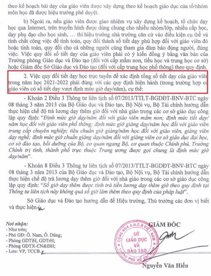 Ngày 13/10/2021, Sở Giáo dục và Đào tạo Thành phố Hồ Chí Minh ban hành văn bản số 2749/SGDĐT-TCCB về hướng dẫn chế độ làm việc đối với giáo viên trong thời gian phòng, chống dịch Covid-19 năm học 2021 - 2022. (Ảnh do tác giả cung cấp) Ngày 13/10/2021, Sở Giáo dục và Đào tạo Thành phố Hồ Chí Minh ban hành văn bản số 2749/SGDĐT-TCCB về hướng dẫn chế độ làm việc đối với giáo viên trong thời gian phòng, chống dịch Covid-19 năm học 2021 - 2022. (Ảnh do tác giả cung cấp)