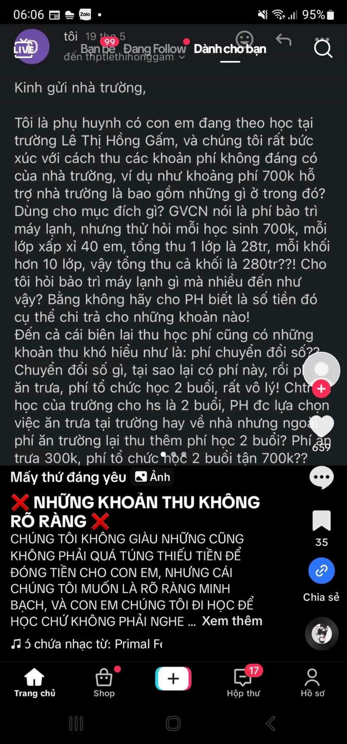 Thông tin phụ huynh trường Lê Thị Hồng Gấm chia sẻ trên mạng xã hội (ảnh chụp màn hình) thongtinPHLTHG.jpg