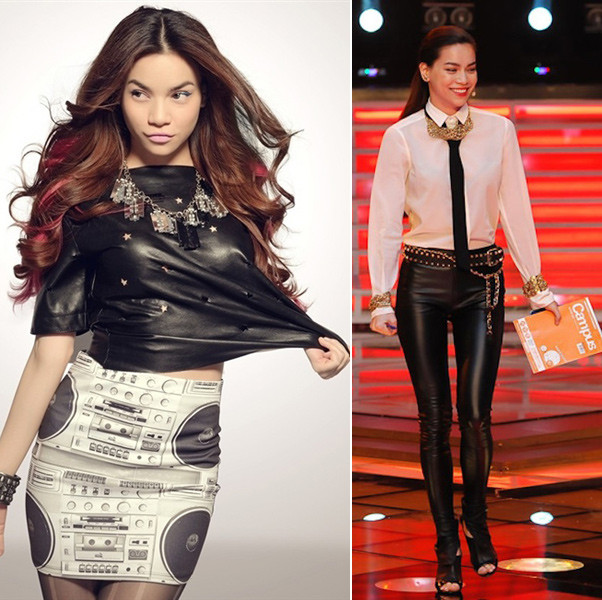 Vóc dáng mảnh mai và sự cá tính của Hồ Ngọc Hà cực kỳ hợp với chất liệu da. Cô thường mix nó cùng phụ kiện kim loại và giày cao cổ. Vóc dáng mảnh mai và sự cá tính của Hồ Ngọc Hà cực kỳ hợp với chất liệu da. Cô thường mix nó cùng phụ kiện kim loại và giày cao cổ.