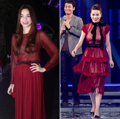 Màu đỏ rượu vang Cả 2 icon của chúng ta đều bị "say" trước cơn bão màu rượu vang cực kỳ sang trọng này. Nó hợp với cả làn da trắng của Hà Hồ lẫn da ngăm của Thanh Hằng và dễ diện trong rất nhiều hoàn cảnh. Nếu theo dõi The Voice, hẳn các teen sẽ nhận ra sự xuất hiện dày đặc của gam màu này trong những live show gần đây qua style của Thu Minh, Bùi Anh Tuấn, Đồng Lan, Hương Tràm, Bảo Anh. Hà Hồ quyến rũ trong những thiết kế voan mỏng màu đỏ rượu vang. Màu đỏ rượu vang Cả 2 icon của chúng ta đều bị "say" trước cơn bão màu rượu vang cực kỳ sang trọng này. Nó hợp với cả làn da trắng của Hà Hồ lẫn da ngăm của Thanh Hằng và dễ diện trong rất nhiều hoàn cảnh. Nếu theo dõi The Voice, hẳn các teen sẽ nhận ra sự xuất hiện dày đặc của gam màu này trong những live show gần đây qua style của Thu Minh, Bùi Anh Tuấn, Đồng Lan, Hương Tràm, Bảo Anh. Hà Hồ quyến rũ trong những thiết kế voan mỏng màu đỏ rượu vang.