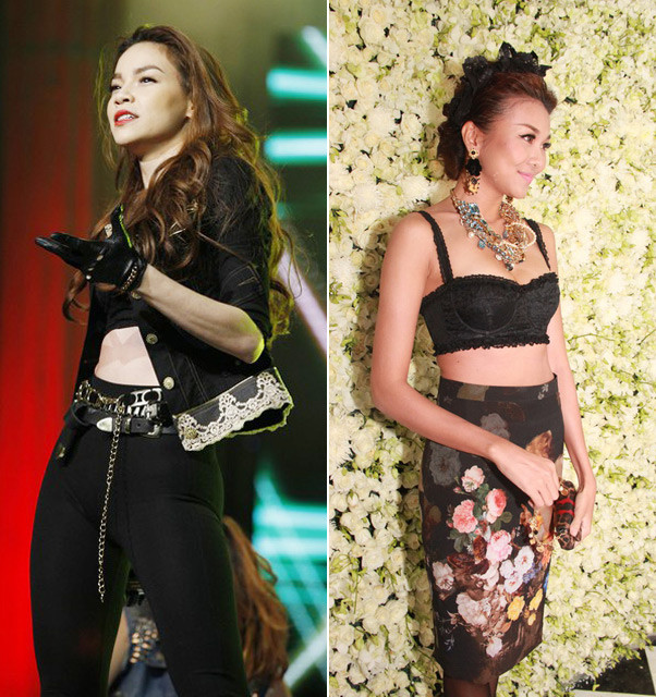 Khoe bụng với bratop Với thời tiết xứ nóng phía Nam - nơi diễn ra các hoạt động showbiz sôi nổi nhất - kiểu thời trang bare midriff (khoe bụng) với những chiếc áo croptop, bratop đang được các xì ta chưng diện liên tục trong nhiều sự kiện. Trong 2 người, Thanh Hằng có vẻ chăm diện kiểu mốt này hơn. Tuy nhiên, có một lần chân dài 1m12 đã mắc lỗi đáng kể với style gợi cảm này khi diện đồ quá thiếu vải cộng thêm việc kết hợp phụ kiện rườm rà. Hồ Ngọc Hà giữ vẻ mạnh mẽ, quyến rũ trong khi Thanh Hằng trung thành với sự đài các. Khoe bụng với bratop Với thời tiết xứ nóng phía Nam - nơi diễn ra các hoạt động showbiz sôi nổi nhất - kiểu thời trang bare midriff (khoe bụng) với những chiếc áo croptop, bratop đang được các xì ta chưng diện liên tục trong nhiều sự kiện. Trong 2 người, Thanh Hằng có vẻ chăm diện kiểu mốt này hơn. Tuy nhiên, có một lần chân dài 1m12 đã mắc lỗi đáng kể với style gợi cảm này khi diện đồ quá thiếu vải cộng thêm việc kết hợp phụ kiện rườm rà. Hồ Ngọc Hà giữ vẻ mạnh mẽ, quyến rũ trong khi Thanh Hằng trung thành với sự đài các.