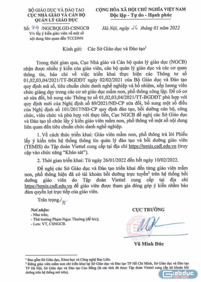 Công văn của Cục Nhà giáo và Cán bộ Quản lý Giáo dục (ảnh: A.D) Công văn của Cục Nhà giáo và Cán bộ Quản lý Giáo dục (ảnh: A.D)