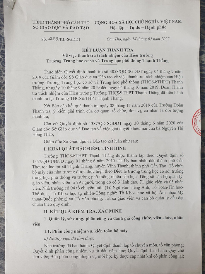 Trích kết luận 429 của Giám đốc Sở Giáo dục và Đào tạo thành phố Cần Thơ ký (ảnh: P.L)