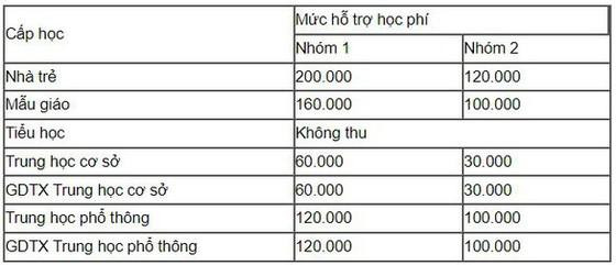Mức hỗ trợ học phí các bậc học của 2 nhóm tại Thành phố Hồ Chí Minh (ảnh: P.L)