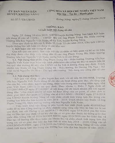 Trích thông báo 163 của Ủy ban nhân dân huyện Krông Năng ra ngày 29/10/2019 (ảnh: CTV) Trích thông báo 163 của Ủy ban nhân dân huyện Krông Năng ra ngày 29/10/2019 (ảnh: CTV)