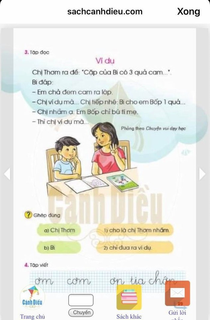 Sách Tiếng Việt 1 - bộ Cánh Diều bị dư luận phản ánh có nhiều &quot;sạn&quot;. (Ảnh chụp màn hình sách Tiếng Việt 1 – bộ Cánh Diều)