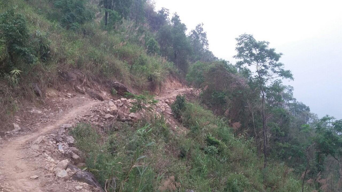 Con đường mòn lởm chởm đất đá hàng ngày học sinh đến điểm Trường mầm non 2 xã Nậm Hàng học chữ. Ảnh: GVCC.