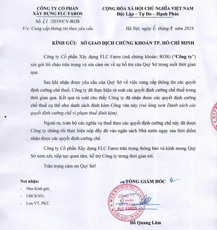 Văn bản FLC Faros gửi Sở Giao dịch chứng khoán Thành phố Thành phố Hồ Chí Minh kèm theo danh sách 31 quyết định cưỡng chế thuế. Ảnh: Chụp văn bản. Văn bản FLC Faros gửi Sở Giao dịch chứng khoán Thành phố Thành phố Hồ Chí Minh kèm theo danh sách 31 quyết định cưỡng chế thuế. Ảnh: Chụp văn bản.