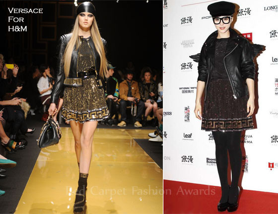 Phong cách hầm hố của bộ váy trên sàn catwalk được Phạm Băng Băng chuyển thành vẻ cá tính và nhí nhảnh với kính và jacket đôi cánh. Phong cách hầm hố của bộ váy trên sàn catwalk được Phạm Băng Băng chuyển thành vẻ cá tính và nhí nhảnh với kính và jacket đôi cánh.