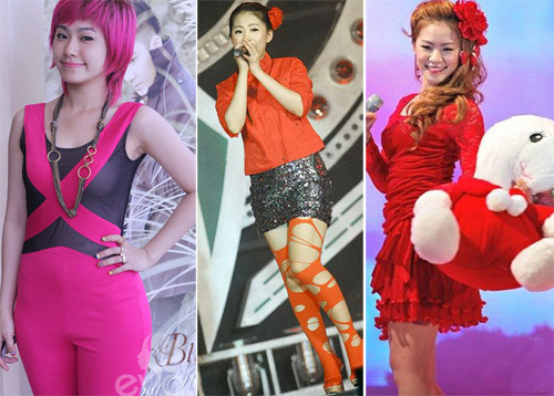 Gu thời trang của Lương Bích Hữu ngày càng có vấn đề. Cô nàng yêu thích những gam màu nóng lòe loẹt trong khi đó mái tóc tém cá tính lại không hề ăn nhập với phong cách này