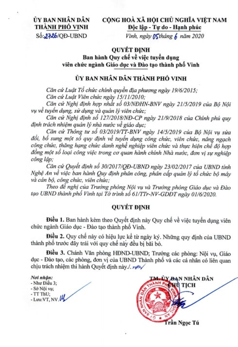 Quyết định 2727 của Ủy ban Nhân dân Thành phố Vinh (Ảnh:CTV) Quyết định 2727 của Ủy ban Nhân dân Thành phố Vinh (Ảnh:CTV)