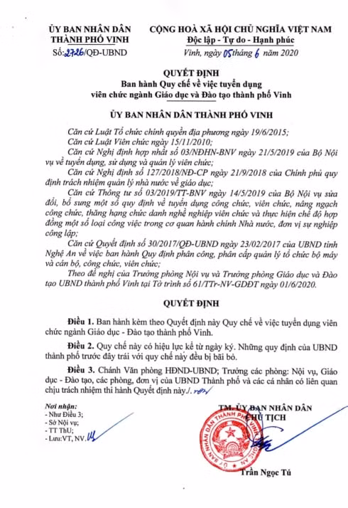 Quyết định 2727 của Ủy ban Nhân dân Thành phố Vinh (Ảnh:CTV)