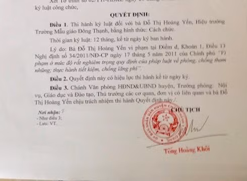 Trích quyết định 3613, cắt chức Hiệu trưởng của bà Đỗ Thị Hoàng Yến (ảnh: P.L)