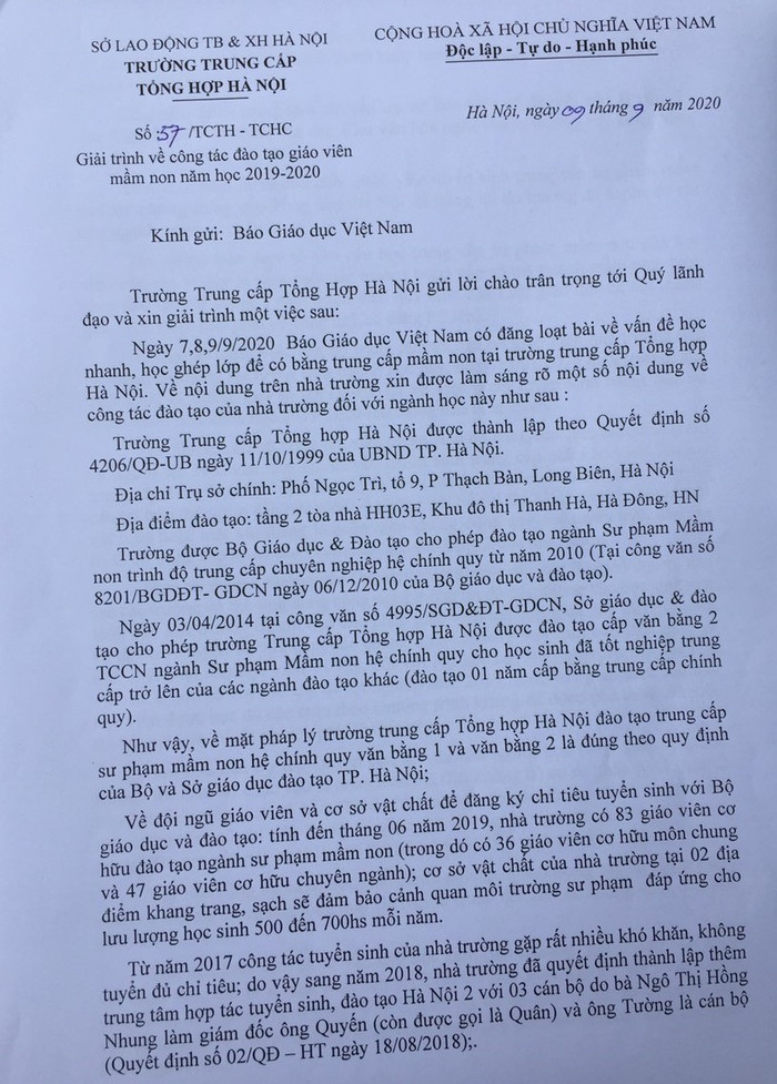 Công văn giải trình của trường Trung cấp Tổng hợp Hà Nội (Ảnh:V.N) Công văn giải trình của trường Trung cấp Tổng hợp Hà Nội (Ảnh:V.N)