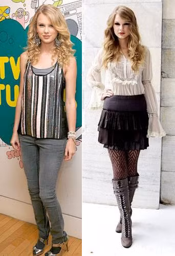 Cách kết hợp trang phục và phụ kiện Ngày ấy, Taylor Swift từng liên tục mắc lỗi khi kết hợp trang phục với phụ kiện. Trong ảnh trái, cô mắc lỗi cơ bản khi diện tất với sandal. Còn trang phục trong bức ảnh phải khiến cơ thể nữ ca sĩ bị chia làm 4 đoạn.