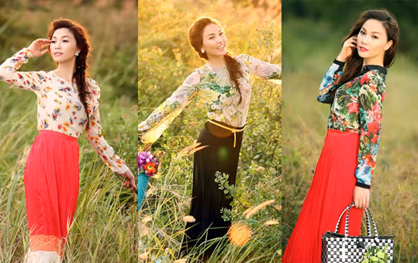 Gợi ý của diễn viên Quỳnh Thư khi kết hợp áo hoa với chân váy dài nhiều màu