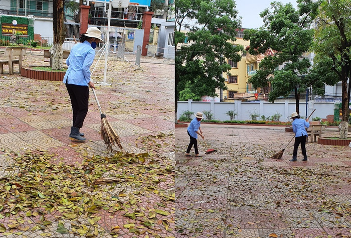 Để các con có mỗi trường học tập trong lành, an toàn phòng chống dịch Covid-19, hàng ngày các cô lao công vẫn thầm lặng làm vệ sinh tất cả các khu vực, trường lớp. Ảnh: NVCC.