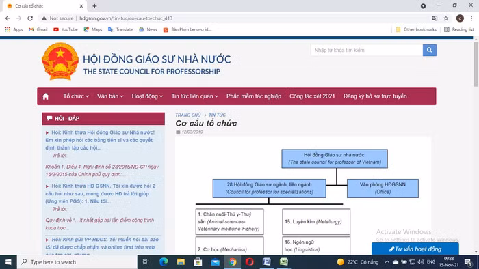 Ảnh chụp màn hình Cơ cấu tổ chức Hội đồng giáo sư nhà nước năm 2021