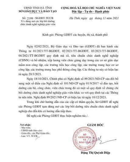 Công văn 2199/SGDDT-TCCB của Sở Giaó dục và Đào tạo Hà Tĩnh về việc dừng mở các lớp bồi dưỡng chức danh nghề nghiệp giáo viên (Nguồn báo LaoĐong.vn) Công văn 2199/SGDDT-TCCB của Sở Giaó dục và Đào tạo Hà Tĩnh về việc dừng mở các lớp bồi dưỡng chức danh nghề nghiệp giáo viên (Nguồn báo LaoĐong.vn)