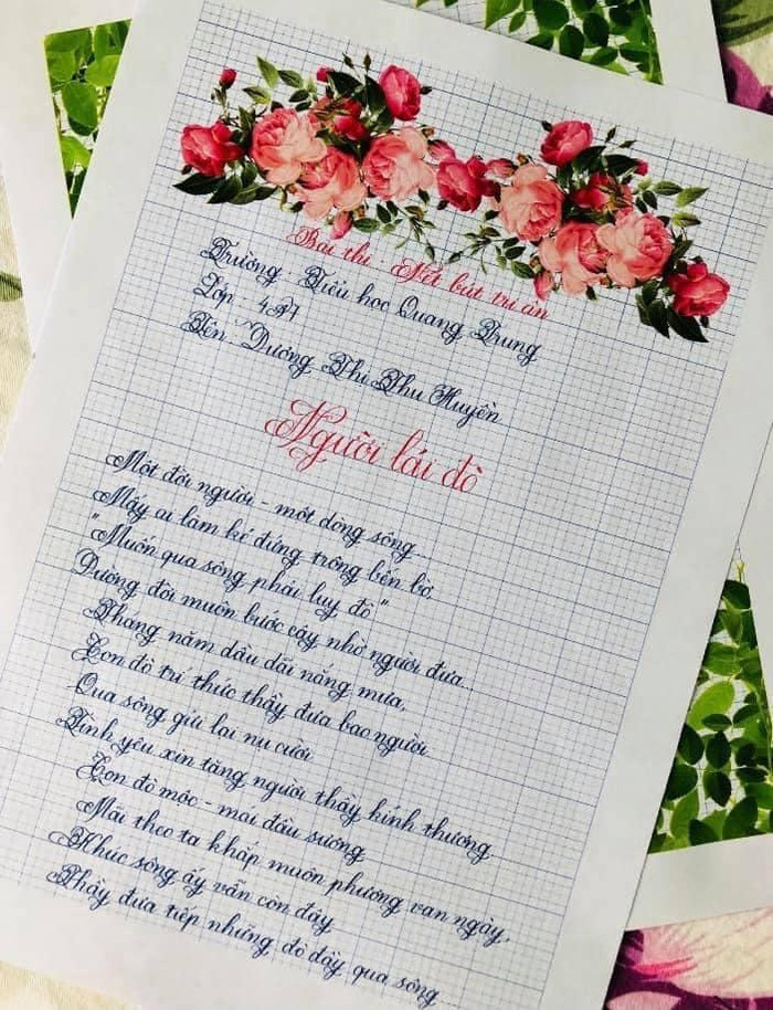 Bài thi "Nét bút tri ân" của một sinh lớp 4 trường Tiểu học Quang Trung. (Ảnh: NTCC)