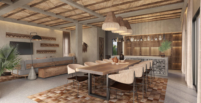 Tông màu gỗ tự nhiên và vật dụng mang văn hóa thổ dân giúp không gian của Jungle House đậm chất phiêu lưu. Tông màu gỗ tự nhiên và vật dụng mang văn hóa thổ dân giúp không gian của Jungle House đậm chất phiêu lưu.