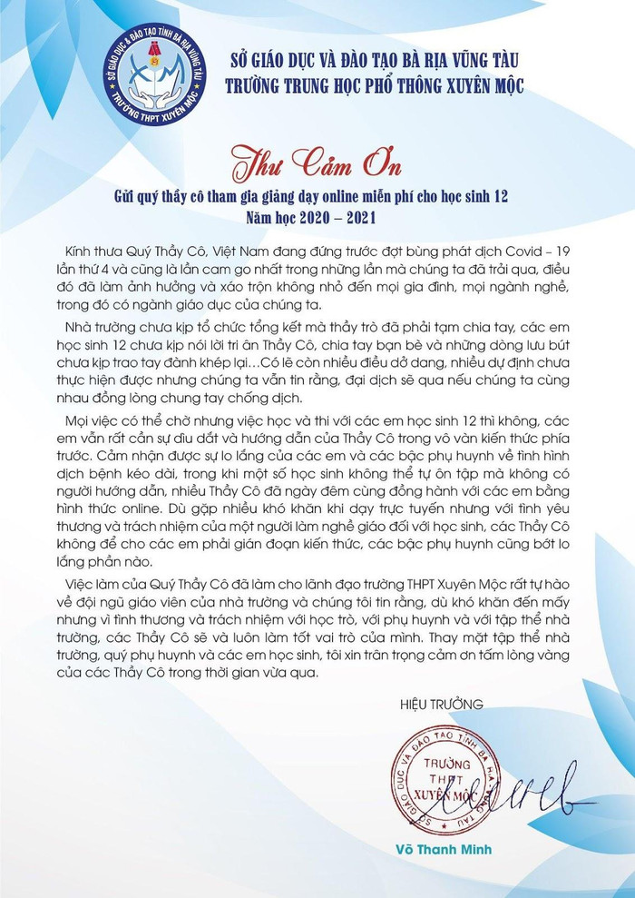 Lãnh đạo trường Trung học phổ thông Xuyên Mộc gửi thư cảm ơn giáo viên dạy thêm trực tuyến miễn phí cho học sinh. (Ảnh chụp màn hình trên Fanpage của nhà trường)