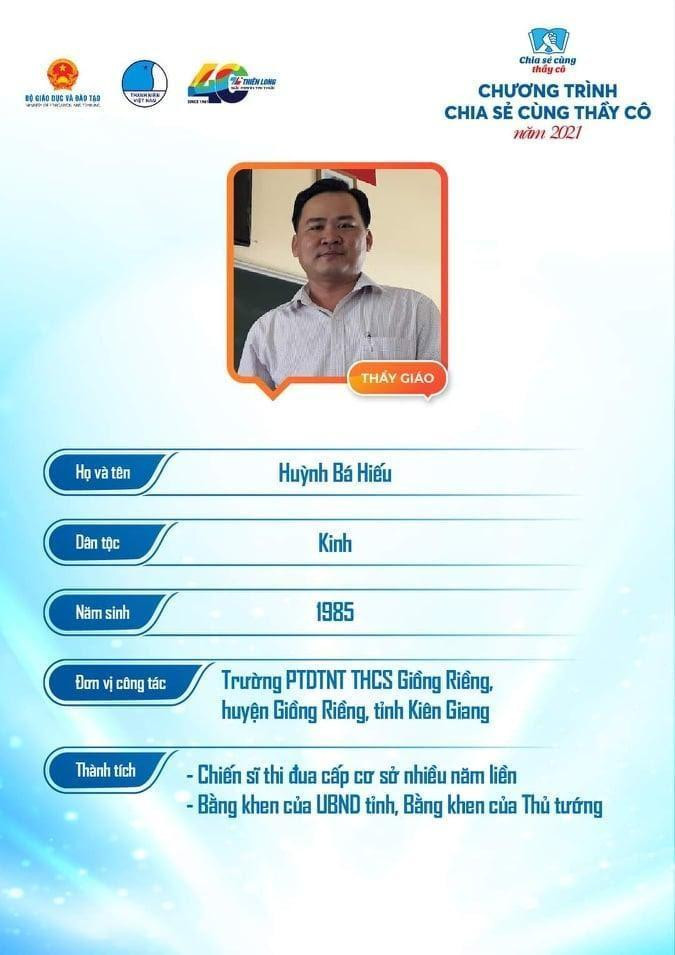 Thầy giáo Huỳnh Bá Hiếu, giáo viên trường Phổ thông dân tộc nội trú Trung học cơ sở Giồng Riềng, tỉnh Kiên Giang. (Ảnh chụp màn hình trên Fanpage của Hội Liên hiệp Thanh niên Việt Nam) Thầy giáo Huỳnh Bá Hiếu, giáo viên trường Phổ thông dân tộc nội trú Trung học cơ sở Giồng Riềng, tỉnh Kiên Giang. (Ảnh chụp màn hình trên Fanpage của Hội Liên hiệp Thanh niên Việt Nam)