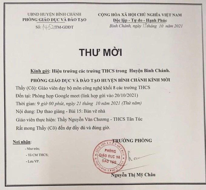 Thư mời dự giờ thao giảng online của Phòng Giáo dục và Đào tạo huyện Bình Chánh (Thành phố Hồ Chí Minh). (Ảnh minh họa do tác giả cung cấp)