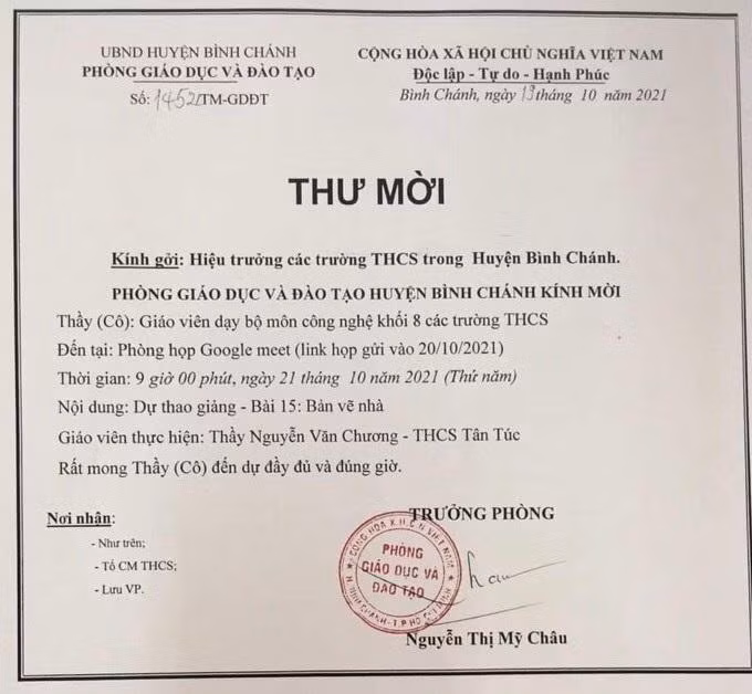 Thư mời dự giờ thao giảng online của Phòng Giáo dục và Đào tạo huyện Bình Chánh (Thành phố Hồ Chí Minh). (Ảnh minh họa do tác giả cung cấp)
