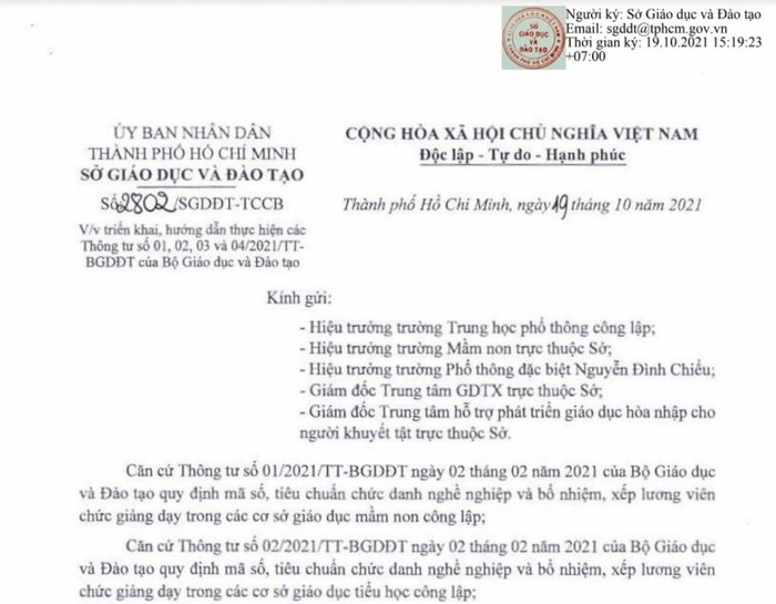 Ngày 19/10/2021, Sở Giáo dục và Đào tạo Thành phố Hồ Chí Minh đã ban hành Công văn số 2802/SGDĐT-TCCB. (Ảnh do tác giả cung cấp) Ngày 19/10/2021, Sở Giáo dục và Đào tạo Thành phố Hồ Chí Minh đã ban hành Công văn số 2802/SGDĐT-TCCB. (Ảnh do tác giả cung cấp)