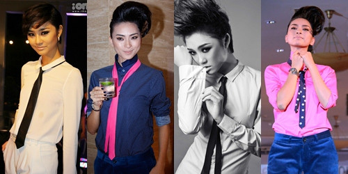 Showbiz Việt ngày nay, các mỹ nhân cũng đang a-lê-kết chiếc cà-vạt. Trà My & Ngô Thanh Vân cá tính khi diện phụ kiện này.