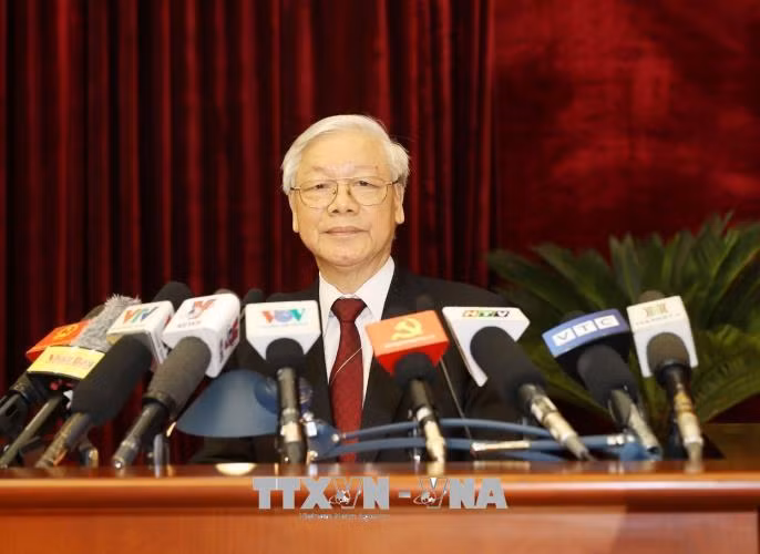 Tổng Bí thư Nguyễn Phú Trọng phát biểu bế mạc Hội nghị, sáng 12/5/2018. Ảnh: Trí Dũng/TTXVN