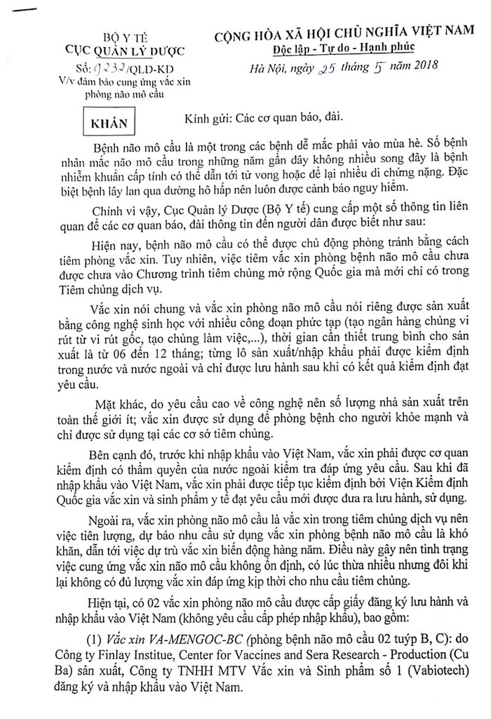 Công văn số 9232/QLD-KD về việc đảm bảo cung ứng vắc xin phòng não mô cầu Công văn số 9232/QLD-KD về việc đảm bảo cung ứng vắc xin phòng não mô cầu