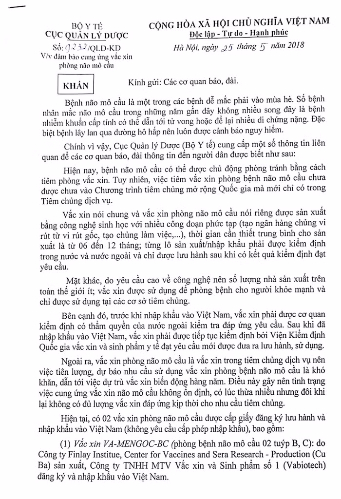 Công văn số 9232/QLD-KD về việc đảm bảo cung ứng vắc xin phòng não mô cầu