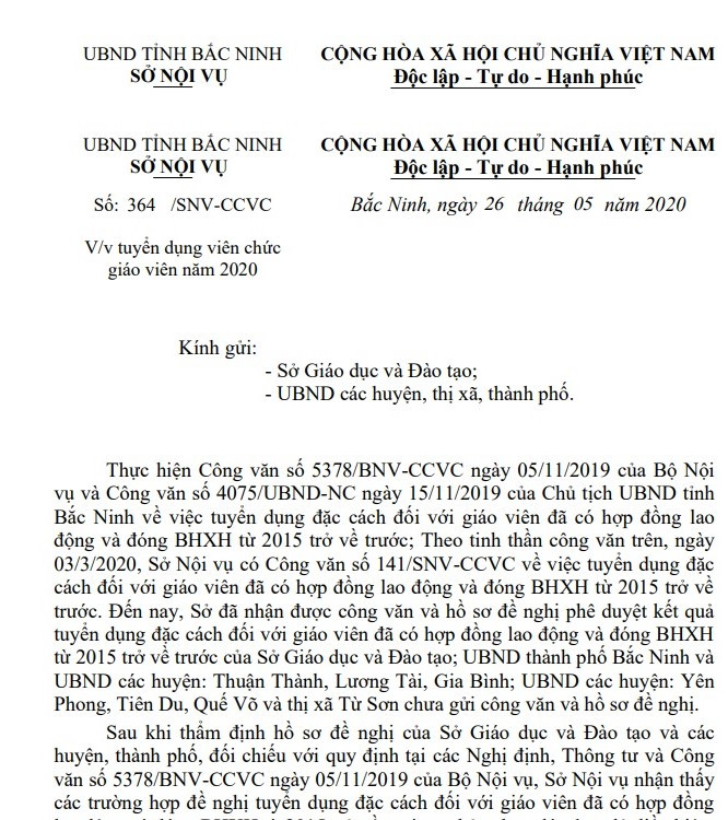 Công văn số 364 Sở Nội vụ tỉnh Bắc Ninh (Ảnh:V.N) Công văn số 364 Sở Nội vụ tỉnh Bắc Ninh (Ảnh:V.N)