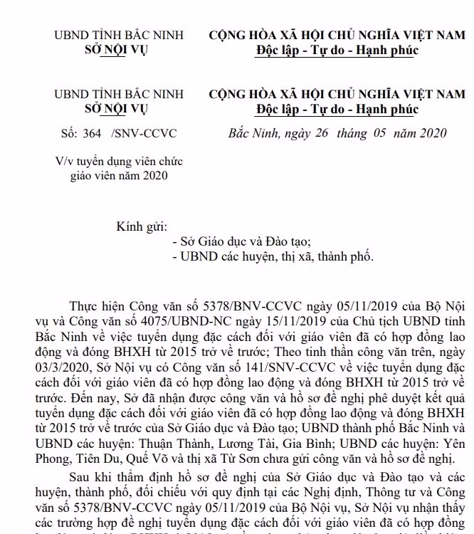 Công văn số 364 Sở Nội vụ tỉnh Bắc Ninh (Ảnh:V.N)