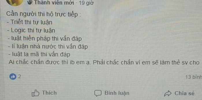 Bài đăng tìm người thi hộ cho nữ sinh M.K trên một nhóm học hộ, thi hộ khá có tiếng tại Hà Nội (Ảnh: chụp màn hình). Bài đăng tìm người thi hộ cho nữ sinh M.K trên một nhóm học hộ, thi hộ khá có tiếng tại Hà Nội (Ảnh: chụp màn hình).