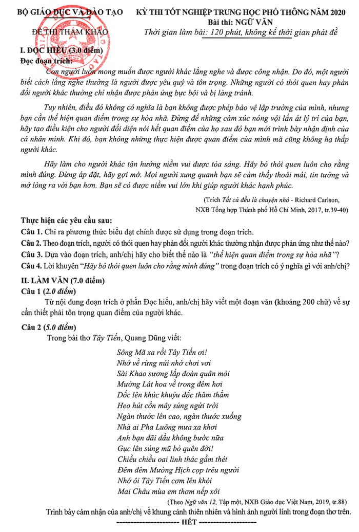 Đề thi minh họa môn Ngữ Văn không quá khó (Ảnh:V.N) Đề thi minh họa môn Ngữ Văn không quá khó (Ảnh:V.N)