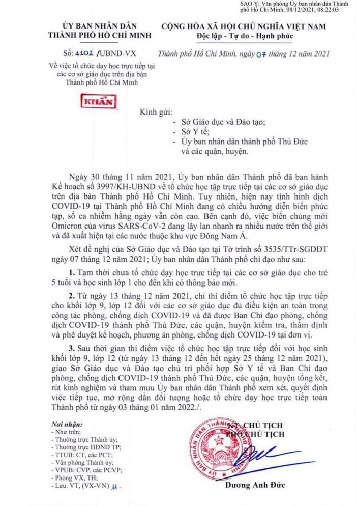 Văn bản đề nghị hoãn việc đến trường của Ủy ban nhân dân Thành phố Hồ Chí Minh (ảnh: P.L)