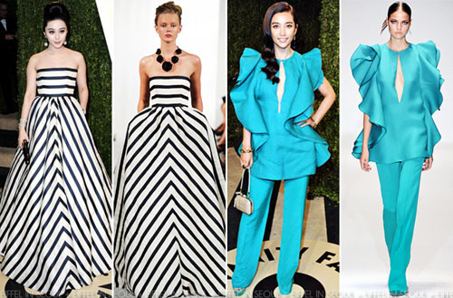 Hậu Oscar, mỹ nữ họ Phạm có dịp đọ sắc trong bộ cánh sọc hiệu Oscar de la Renta với Lý Băng Băng trong bộ cánh của Gucci. Hậu Oscar, mỹ nữ họ Phạm có dịp đọ sắc trong bộ cánh sọc hiệu Oscar de la Renta với Lý Băng Băng trong bộ cánh của Gucci.