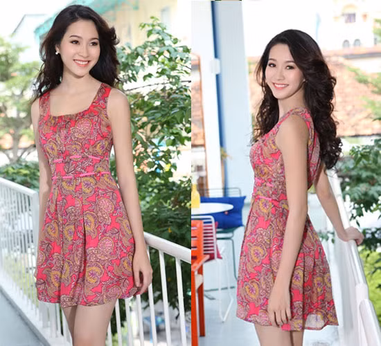 Hoa hậu khoe vẻ đẹp tràn đầy sức sống với dáng váy xòe in họa tiết hoa văn cổ điển.