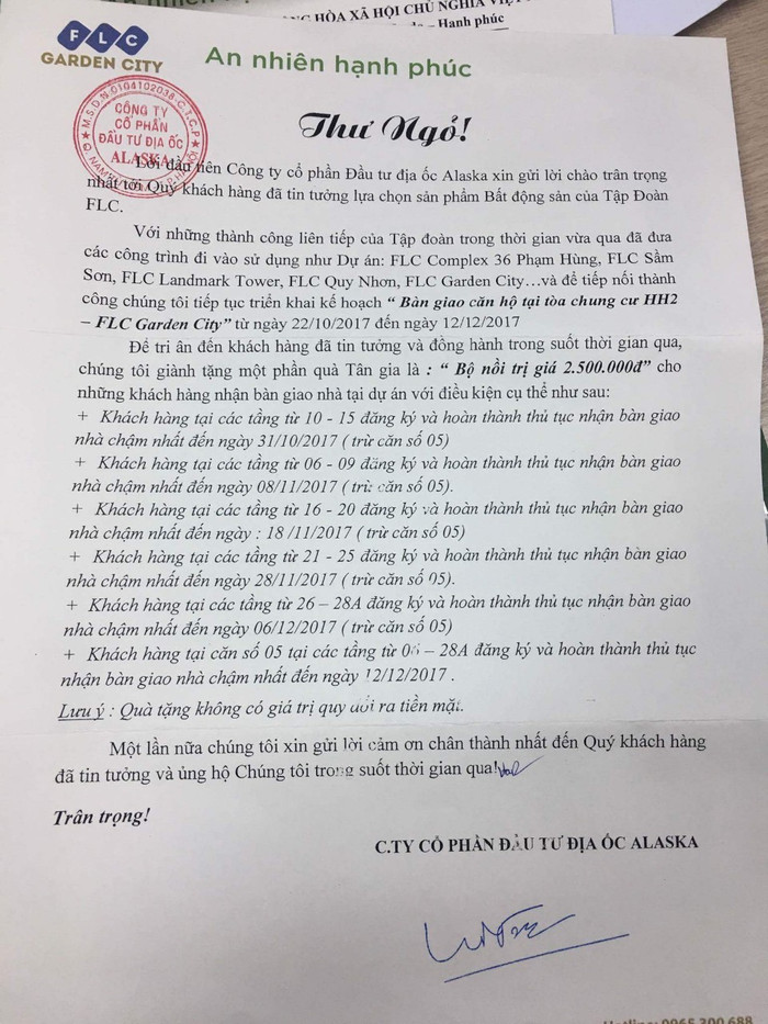 Thư ngỏ của chủ đầu tư còn 'khuyến mại" cư dân nhận bàn giao nhà khi nhiều hạng mục như phòng cháy chữa cháy, điện, nước, cơ sở hạ tầng... còn chưa hoàn thiện. Ảnh: NVCC Thư ngỏ của chủ đầu tư còn 'khuyến mại" cư dân nhận bàn giao nhà khi nhiều hạng mục như phòng cháy chữa cháy, điện, nước, cơ sở hạ tầng... còn chưa hoàn thiện. Ảnh: NVCC