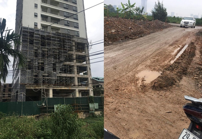 Tòa nhà HH2 còn giàn giáo xây dựng và con đường dẫn vào dự án vẫn đầy bùn đất, vật liệu xây dựng. Ảnh: NVCC. Tòa nhà HH2 còn giàn giáo xây dựng và con đường dẫn vào dự án vẫn đầy bùn đất, vật liệu xây dựng. Ảnh: NVCC.