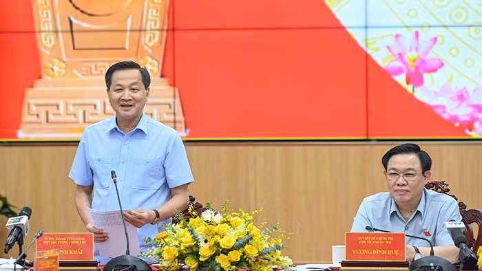 Phó Thủ tướng Chính phủ Lê Minh Khái phát biểu ý kiến tại buổi làm việc. (Ảnh: Duy Linh) Phó Thủ tướng Chính phủ Lê Minh Khái phát biểu ý kiến tại buổi làm việc. (Ảnh: Duy Linh)