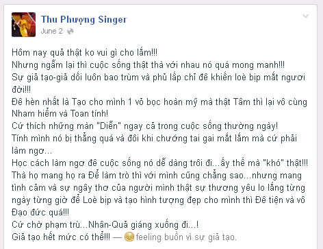 Dòng trạng thái chê Thành Trung sống giả tạo của Thu Phượng Dòng trạng thái chê Thành Trung sống giả tạo của Thu Phượng