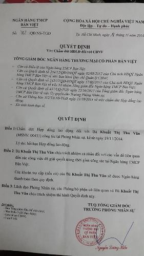 Quyết định chấm dứt hợp đồng lao động của chị Vân (Ảnh: T.Q) Quyết định chấm dứt hợp đồng lao động của chị Vân (Ảnh: T.Q)