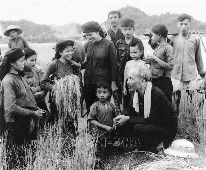 Sau chiến tranh, việc tập hợp sức mạnh và tiếng nói chung của đồng bào cả nước trên mặt trận thống nhất để kiến thiết và xây dựng đất nước luôn được chú trọng. Trong ảnh: Chủ tịch Hồ Chí Minh thăm xã viên Hợp tác xã Hùng Sơn, huyện Đại Từ, tỉnh Thái Nguyên đang gặt lúa mùa (1954). Ảnh: Tư liệu/TTXVN phát