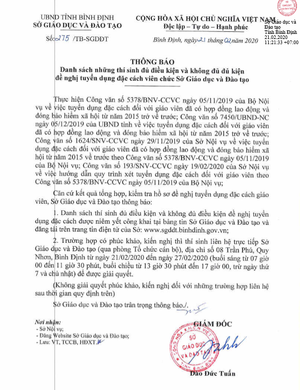 Thông báo đi kèm danh sách 49 giáo viên hợp đồng đủ điều kiện xét đặc cách của Sở Giáo dục và Đào tạo tỉnh Bình Định (Ảnh:V.N) Thông báo đi kèm danh sách 49 giáo viên hợp đồng đủ điều kiện xét đặc cách của Sở Giáo dục và Đào tạo tỉnh Bình Định (Ảnh:V.N)