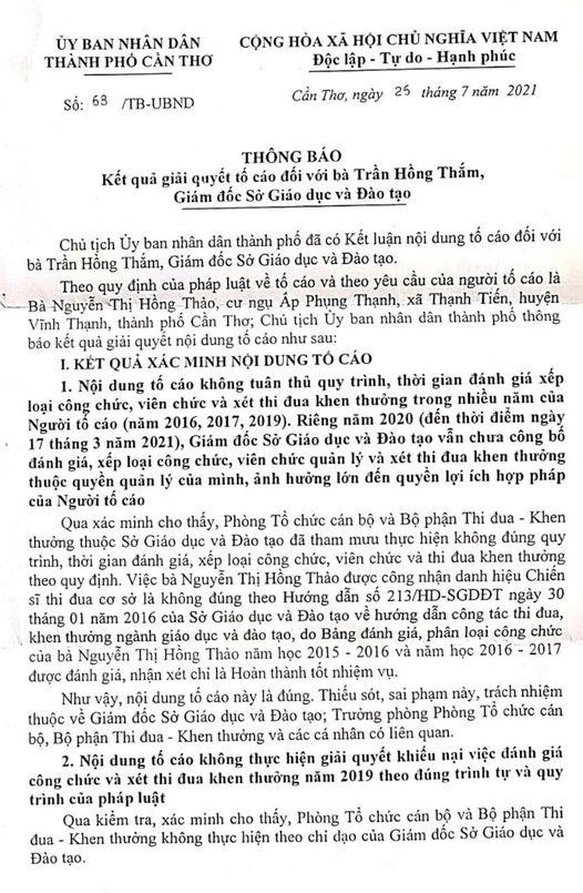 Trích thông báo số 68 của Chủ tịch Ủy ban nhân dân thành phố Cần Thơ (ảnh: P.L)